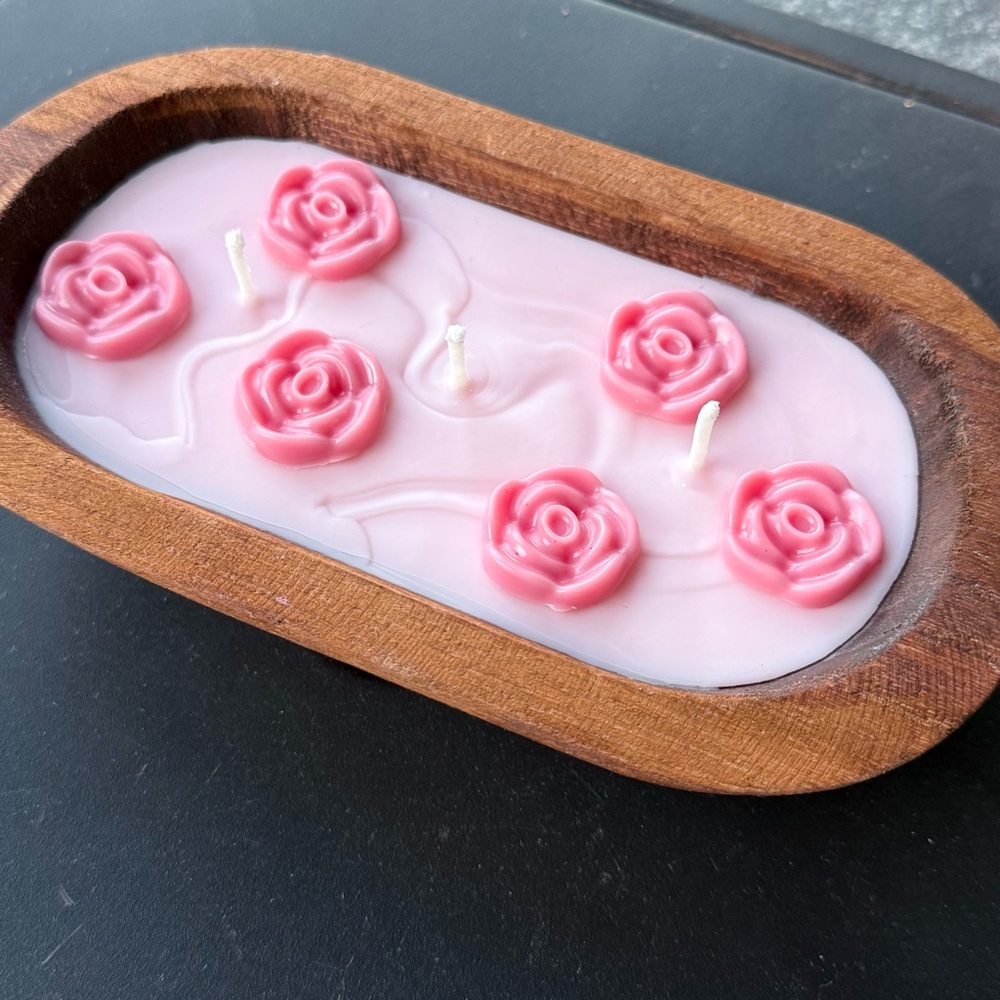 3 Wick Wood Bowl Candle - Floral Fantasy Pink Rose ParaSoy Wax - 10oz Handmade